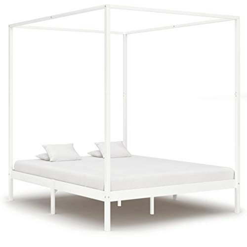 BIGTO - Struttura letto a baldacchino in legno di pino massiccio, per camera da letto, colore: bianco, 160 x 200 cm