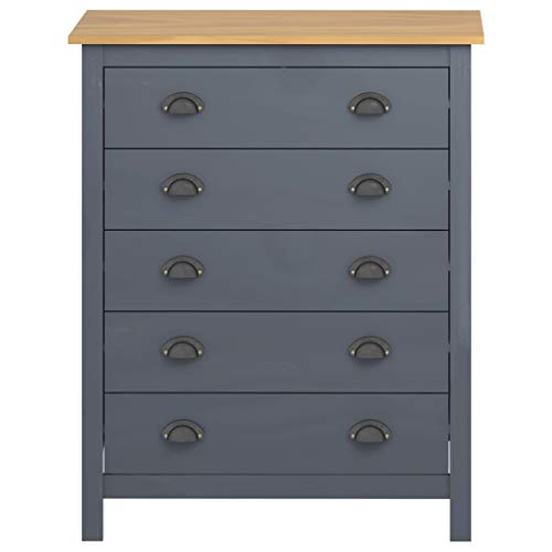 Ausla - Mobiletto con 5 cassetti, cassettiera bianca in legno di pino massiccio, per soggiorno, ingresso e camera da letto, 79 x 40 x 96,5 cm, grigio e marrone miele
