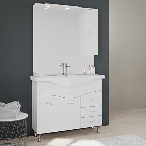 Kiamami Valentina Mobile Bagno 106 CM Classico con LAVABO Specchio E PENSILE Bianco Easy