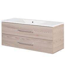 FACKELMANN B.Clever - Set di mobili da bagno, 3 pezzi, 120-150 cm, in frassino con lavabo in marmo, con armadietto a specchio a LED
