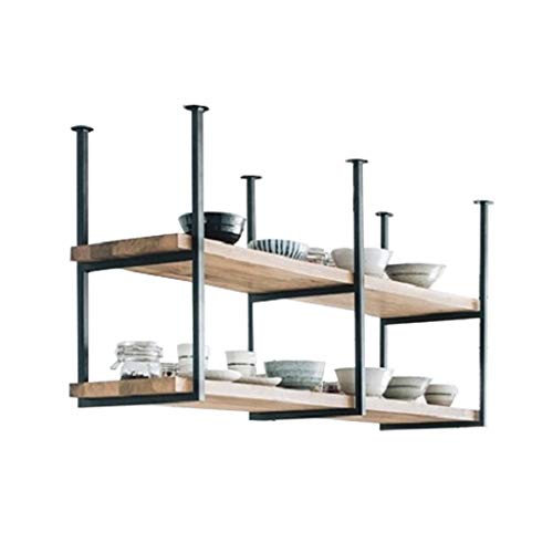 Porta bottiglie da vino Mensola a soffitto Portabottiglie a 2 livelli Rack di stoccaggio decorativo a sospensione Mobiletto pensile in ferro battuto in legno LOFT Retro Industry per Ristorante/ Bar/ C