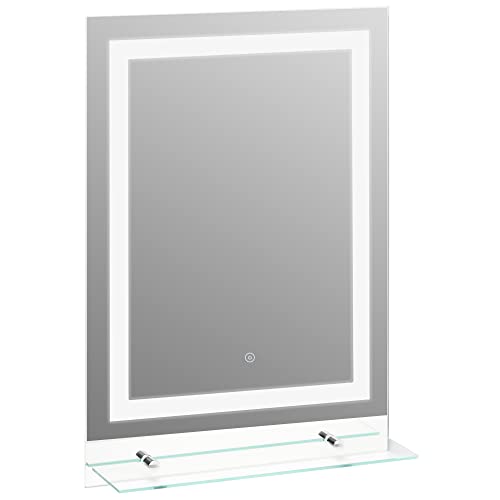 kleankin Specchio da Bagno Luci a LED, Interruttore Touch Mensola in Vetro con Utensili per Montaggio a Parete 70x50cm