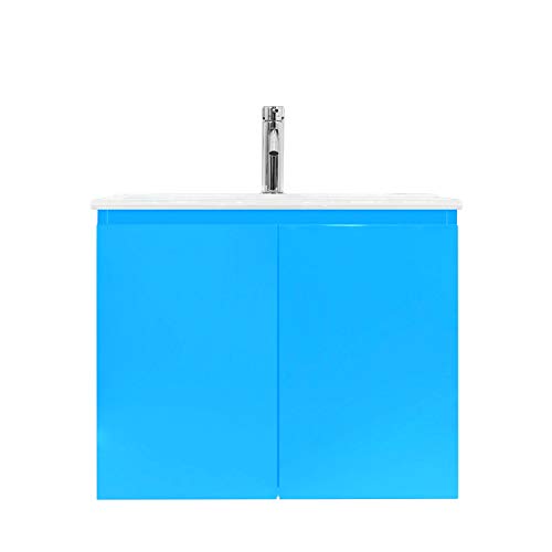 Mobile Bagno Sospeso in Legno Vaduz Salvaspazio con 2 Ante Design Moderno con Lavabo in Ceramica Mobiletto Arredamento per Interni Arredo, 60 x 35.5 x 50 Cm Colore Puffo