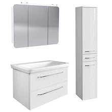 FACKELMANN - Set di mobili da bagno, 4 pezzi, colore: Bianco lucido Milano - Lavandino in ceramica da appendere, 100 cm e 3 ante a LED