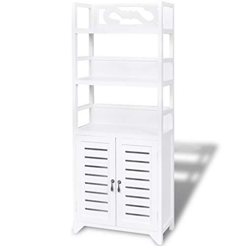 Mobiletto Alto da Bagno,Armadietto da Terra in Legno per Il Bagno,Armadietto da Pavimento da Bagno,con 3 Scomparti e 2 Ante,in Legno di paulownia e MDF,46 x 24 x 117.5 cm,Bianco