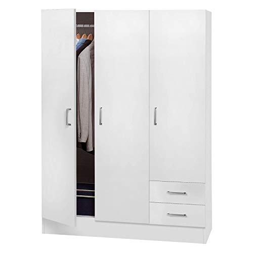 Dmora Armadio a Tre Ante e Due cassetti con Ripiani e Barra Appendiabiti, Colore Bianco, cm 120 x 50 x h170