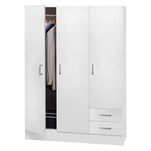 Dmora Armadio a Tre Ante e Due cassetti con Ripiani e Barra Appendiabiti, Colore Bianco, cm 120 x 50 x h170