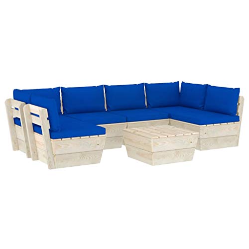 SKM Set Divani da Giardino su Pallet 7 pz con Cuscini Legno Abete (133.9kg) Blu-3598