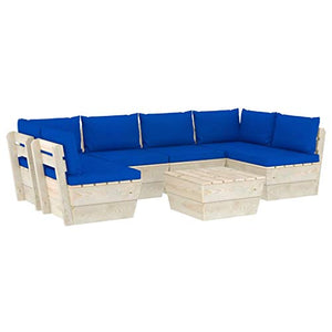 SKM Set Divani da Giardino su Pallet 7 pz con Cuscini Legno Abete (133.9kg) Blu-3598