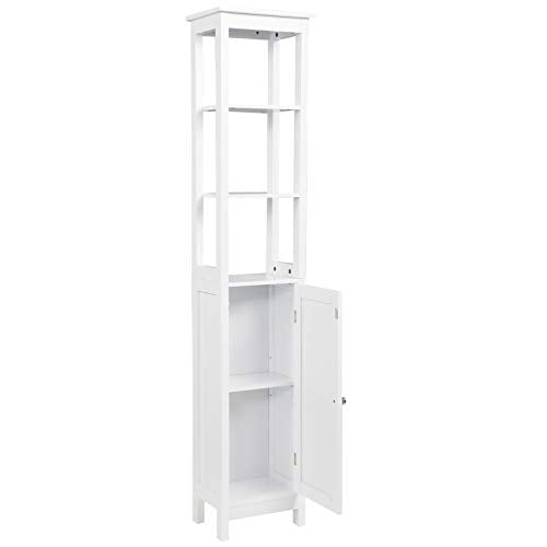 eSituro Armadietto Alto con Ante Colonna Ingresso Mobile Bagno Bianco Scaffale in Legno con 4 Ripiani Mobiletto Salvaspazio,33x23x160cm SBP0044
