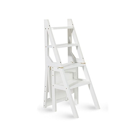 Sedia pieghevole Sedia Multifunzione in Legno massello Sedia da casa Due Usi per Scale Sedia Mobile a 4 gradini Scaletta Sgabello (Colore : Bianca)