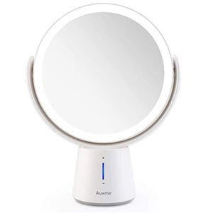 Auxmir Specchio Trucco LED, Specchio Ingranditore 10X/1X a Doppia Faccia, Luminosità Regolabile a 5 Livelli, Rotazione a 360 °, Specchio da Tavolo Ideale per Trucco, Rasatura, Cura del Viso