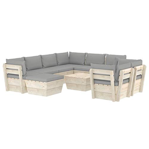 SKM Set Divani da Giardino su Pallet 10 pz con Cuscini Legno Abete (197.6kg) Grigio