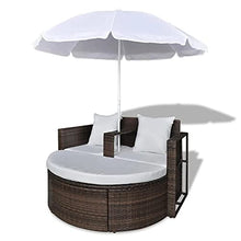 Sedia a Sdraio con Ombrellone Lettino Prendisole in Polirattan Sdraio Giardino con Un poggiapiedi Rimovibile Lettino Impermeabile -Marrone + Bianco