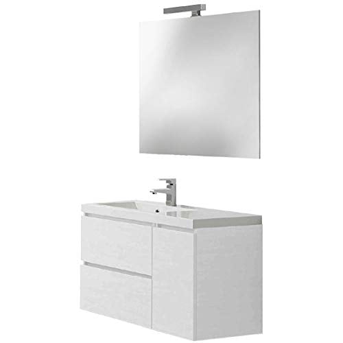 Mobile Mobiletto Bagno Doha in Legno con 1 Anta E 2 Cassetti con Lavabo in Ceramica, Specchio E Lampada LED, Salvaspazio, Design Moderno, 80 x 36 x 50 Cm Colore Bianco Laccato