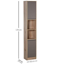 homcom Scaffale Salvaspazio per Bagno in Legno con 2 Armadietti e 6 Ripiani, Grigio e Rovere, Design a Torre 30 x 24 x 170cm