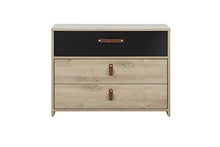 Cassettiera con 3 cassetti, in rovere beige e nero, per camera da letto, design contemporaneo, collezione Aramis