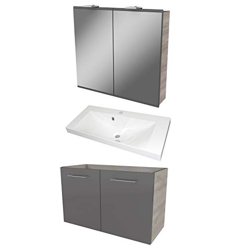 FACKELMANN Set di mobili da bagno 3 pezzi Lima, con mobiletto sotto lavabo in ghisa 80 cm e armadietto a specchio a LED