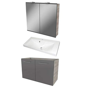 FACKELMANN Set di mobili da bagno 3 pezzi Lima, con mobiletto sotto lavabo in ghisa 80 cm e armadietto a specchio a LED