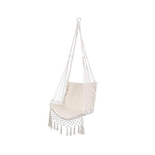 LIJUMN Sedia Sospesa da Giardin Sedia Sospesa Altalena Sospesa Sedia A Dondolo Stile macramè, 95 X 120 Cm, Carico Fino A 150 kg, Beige/Nero, Giardino Esterno Coperto