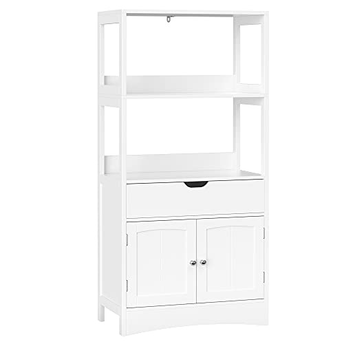 VASAGLE Mobile Bagno, Mobiletto Bagno, Armadietto Multiuso, con Cassetto, 2 Ripiani Aperti e Anta Doppia, 60 x 32,5 x 122 cm (L x P x A), Bianco BBC64WT