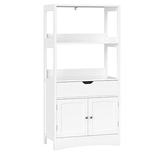 VASAGLE Mobile Bagno, Mobiletto Bagno, Armadietto Multiuso, con Cassetto, 2 Ripiani Aperti e Anta Doppia, 60 x 32,5 x 122 cm (L x P x A), Bianco BBC64WT
