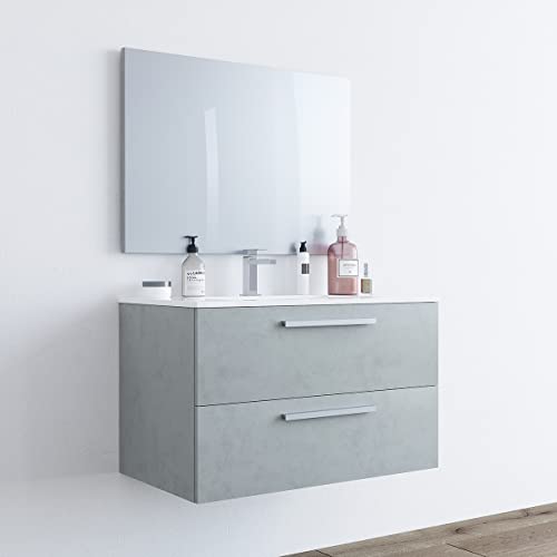 MarinelliGroup Mobile Bagno 80 cm sospeso con lavabo in Ceramica e Specchio con cassetti Cemento Dafne