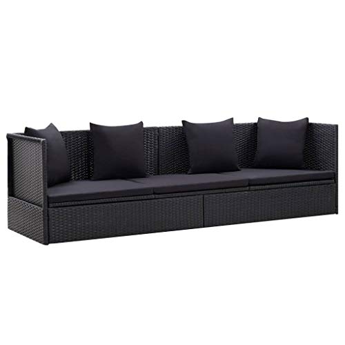GOTOTOP Divano Angolare da Giardino,Divano da Esterno 3 Posti,Lettino Prendisole Regolabile,con Cuscini,in Polyrattan,Nero,200 x 60 x 58 cm