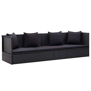 GOTOTOP Divano Angolare da Giardino,Divano da Esterno 3 Posti,Lettino Prendisole Regolabile,con Cuscini,in Polyrattan,Nero,200 x 60 x 58 cm