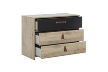 Cassettiera con 3 cassetti, in rovere beige e nero, per camera da letto, design contemporaneo, collezione Aramis