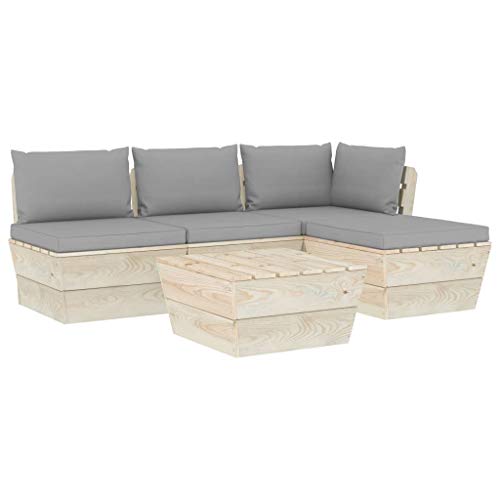 SKM Set Divani da Giardino su Pallet 5 pz con Cuscini Legno Abete (88.4kg) Grigio