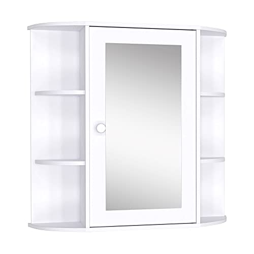 homcom Mobiletto Pensile da Bagno con Specchiera, Anta Centrale e Mensole in Legno Bianco (60 x 17 x 63 cm)