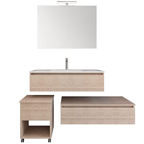 bonussi Mobile Bagno Sospeso 100-120 cm Lavabo Specchio 2 Pensili e Sgabello Malcom Rovere Trancè