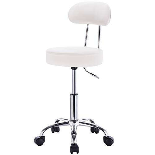 eSituro Sgabello Girevole con Ruote Sgabelli Scrivania Estetica con Schienale Sedia Ufficio Regolabile in Ecopelle per Studio Medico Parrucchiere Bianco SBST0182
