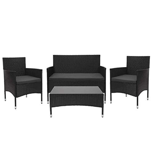 Mendler Salottino da Esterno Giardino HWC-F55 polyrattan Nero con Cuscini Grigio Scuro