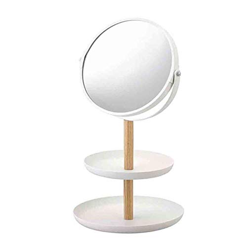 ZXFMT Specchio per Trucco, con Specchio per Trucco ingrandimento Portaoggetti Supporto Doppia Rotazione Laterale Specchio per Trucco Esktop Bianco