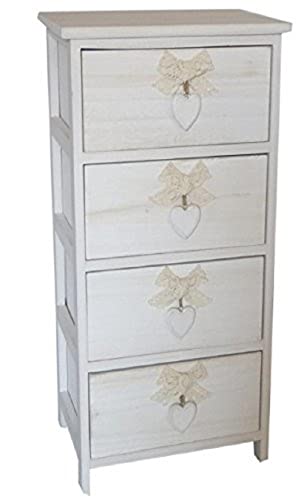 King Home C656119 Cassettiera 4 Cassetti con Cuore Washed in Legno di Paulownia, Bianco