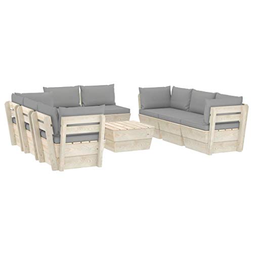 SKM Set Divani da Giardino su Pallet 9 pz con Cuscini Legno Abete (179.1kg) Grigio-3649