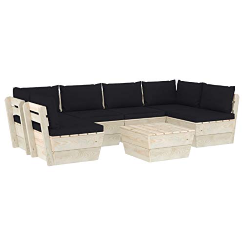 SKM Set Divani da Giardino su Pallet 7 pz con Cuscini Legno Abete (133.9kg) Nero