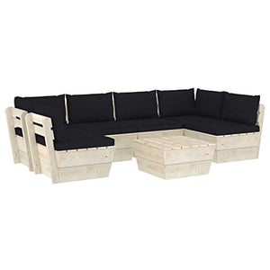 SKM Set Divani da Giardino su Pallet 7 pz con Cuscini Legno Abete (133.9kg) Nero
