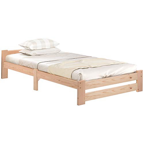 Duless Solido letto in legno massiccio – Futon letto in legno massiccio naturale – con testiera e rete a doghe | naturale 200 x 90 cm