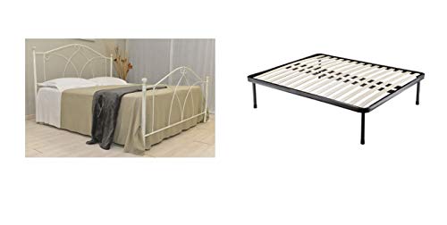 Letto Matrimoniale, Ferro BATTUTO, Modello Denise, 100% Made in Italy (Bianco, Sfumature Oro + Rete Compatibile 160x190)