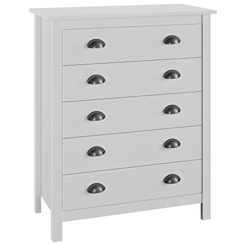 GOTOTOP Mobiletto con 5 cassetti, cassettiera Bianca in Legno di Pino Massiccio, per Soggiorno, Ingresso e Camera da Letto, 79 x 40 x 96,5 cm, Colore: Bianco