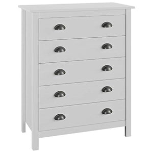 GOTOTOP Mobiletto con 5 cassetti, cassettiera Bianca in Legno di Pino Massiccio, per Soggiorno, Ingresso e Camera da Letto, 79 x 40 x 96,5 cm, Colore: Bianco