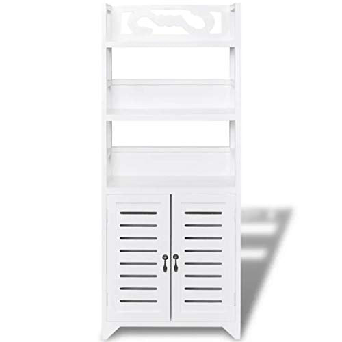 Armadietto da Terra in Legno per Il Bagno 46 x 24 x 117.5 cm Mobiletto Alto da Bagno con 3 Scomparti e 2 Ante - in Legno di paulownia e MDF-Bianco