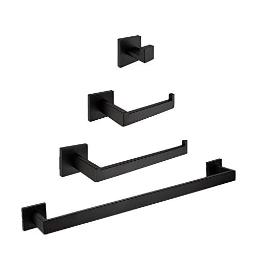 KTMK Set da Bagno in Acciaio Inox Set di 4 Articoli Portasciugamani Porta Carta Gancio Porta Accappatoio Cromo/Pennello/Finitura Nera, Nero