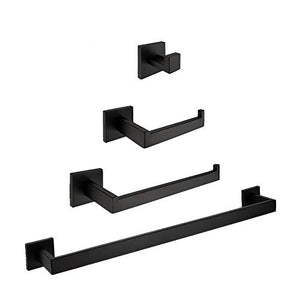 KTMK Set da Bagno in Acciaio Inox Set di 4 Articoli Portasciugamani Porta Carta Gancio Porta Accappatoio Cromo/Pennello/Finitura Nera, Nero