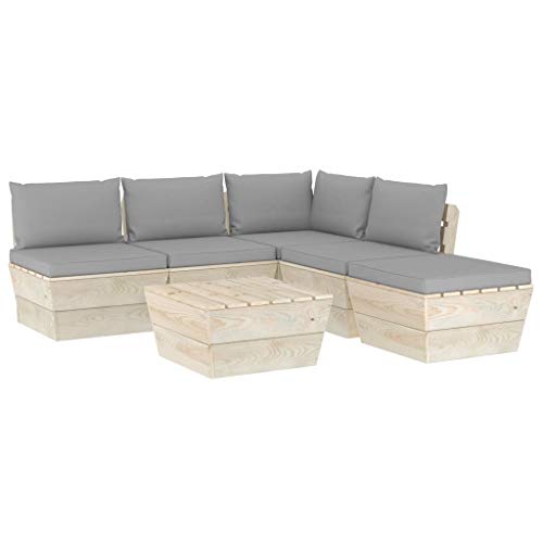 SKM Set Divani da Giardino su Pallet 6 pz con Cuscini Legno Abete (107.2kg) Grigio