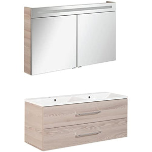 Fackelmann B.Clever - Set di mobili da bagno, 2 pezzi, 120 cm, in legno di frassino con mobiletto sottolavello, con doppia vasca in marmo pressofuso e armadietto a LED