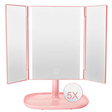 Specchio di trucco con luci, luce regolabile a colori Mirror-3 illuminata tre volte con funzione intelligente, ingrandimento 1X / 5X, specchi estetici portatili illuminati, rosa